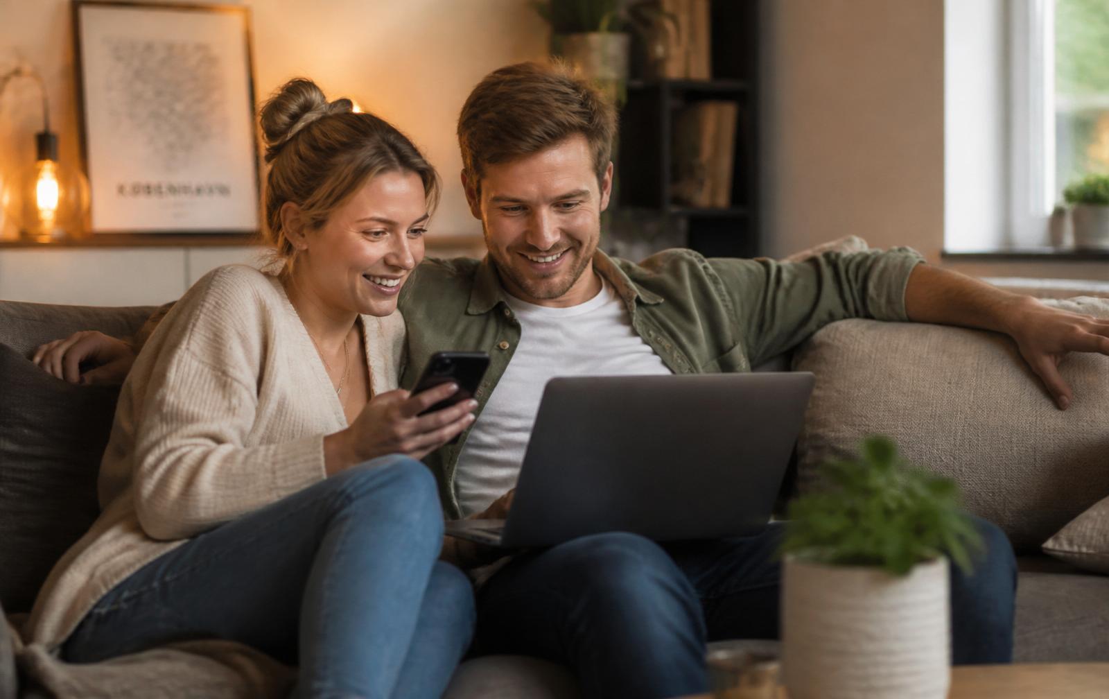 Deutsches Paar shoppt entspannt online vom Sofa aus